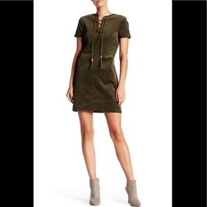 Romeo+Juliet Couture Boho Olive Green Corduroy Mini Dress with Beaded Fringe Tie